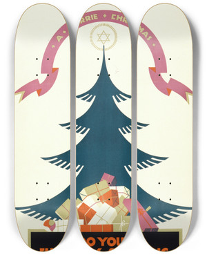 Triptych art skateboard deck of Austin Cooper A Merrie Christmas Do Your Shopping Between The Hours Of 10 And 4 Travel By Underground by Austin Cooper (1890-1964)