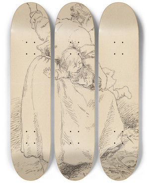 Triptych art skateboard deck of Hans Gude Hun Tok Ungen Og La Han P Spledyngen Og Piskan Med Et Dugelig Bjrkeris by Hans Gude (1825-1903)
