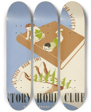 Triptych art skateboard deck of Shari Weisberg A Trip Around The World At Story Hour Time Story Hour Club by Shari Weisberg (20-)