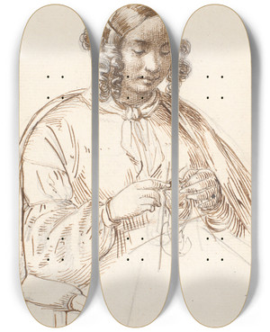 Triptych art skateboard deck of Wilhelm Marstrand Ung Strikkende Dame Halv Figur by Wilhelm Marstrand (1810-1873)