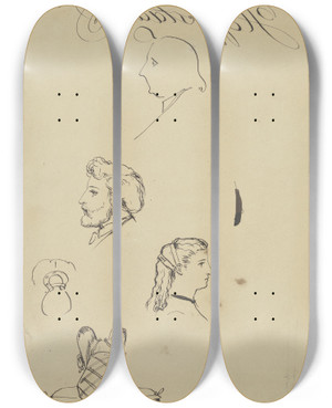 Triptych art skateboard deck of Albert Hendschel Studienblatt Mit Kpfen Oben Johann David Passavant Darunter Julius Hamel by Albert Hendschel (1834-1883)