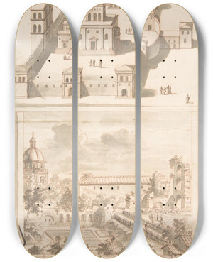 Triptych art skateboard deck of Jan Goeree A Reconstruction Of The Thermae Of Novitian Above And A View Of The Ruins Below by Jan Goeree (1670-1731)