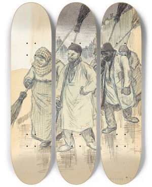 Triptych art skateboard deck of Thophile Alexandre Steinlen Sweepers by Theophile Alexandre Steinlen (1859-1923)