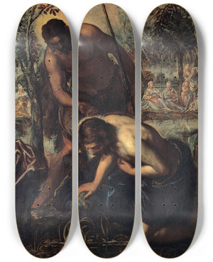 Triptych art skateboard deck of Jacopo Tintoretto The Baptism Of Christ by Jacopo Tintoretto (1518-1594)