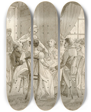 Triptych art skateboard deck of Reinier Vinkeles Vertoornde Vrouw Bij Tafelend Gezelschap Zij Vloog by Reinier Vinkeles (1741-1816)