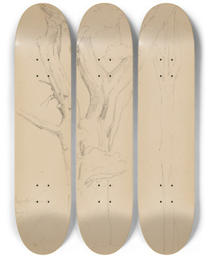 Triptych art skateboard deck of Johann Wilhelm Schirmer Baumstudie Busch Im Haag Fol 22 by Johann Wilhelm Schirmer (1807-1863)