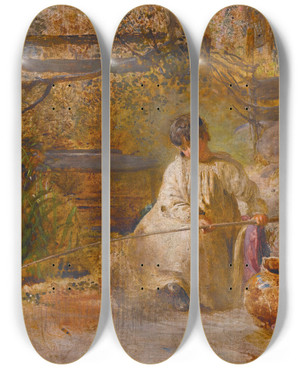 Triptych art skateboard deck of John Linnell A Boy Fishing by John Linnell (1792-1882)