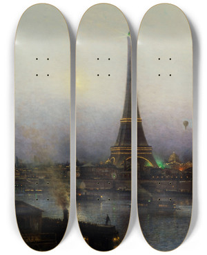 Triptych art skateboard deck of Alexey Petrovich Bogolyubov La Tour Eiffel La Nuit by Alexey Petrovich Bogolyubov (1824-1896)
