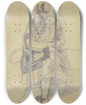 Triptych art skateboard deck of Hugo Kauffmann Schreibendes Kleines Mdchen by Hugo Kauffmann (1844-1915)