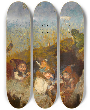 Triptych art skateboard deck of Heinrich Schlitt Die Zwergensuppe by Heinrich Schlitt (1849-1923)