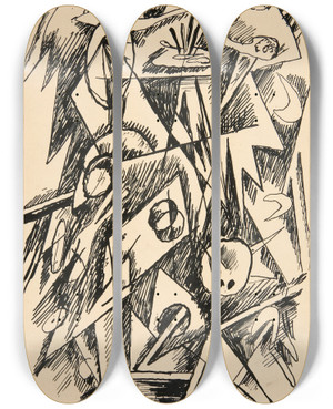 Triptych art skateboard deck of Rudolf Bauer Untitled Abstractforms_5 by Rudolf Bauer (1889-1953)