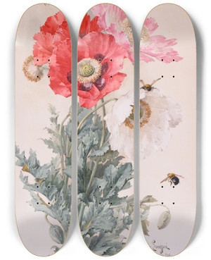 Triptych art skateboard deck of Paul De Longpre Poppies And Bees by Paul de Longpre (1855-1911)
