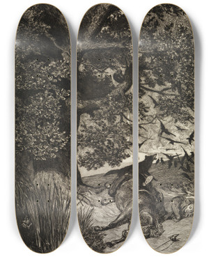 Triptych art skateboard deck of Max Klinger Gefallener Reiter Intermezzi Opus Iv Blatt 11 by Max Klinger (1857-1920)