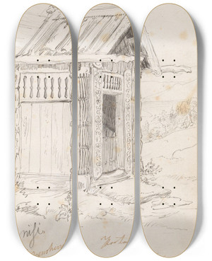 Triptych art skateboard deck of Adolph Tidemand Portal P Et Brukshus Nisi I Gransherad by Adolph Tidemand (1814-1876)