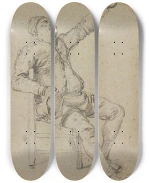 Triptych art skateboard deck of Nicolaes Molenaer Sitting Farmer by Nicolaes Molenaer (1626-1676)