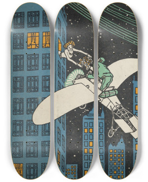 Triptych art skateboard deck of Moriz Jung Tte Tte On The 968Th Floor Of A Skyscraper Tte Tte Am Wolkenkratzer 968 Etage by Moriz Jung (1885-1915)