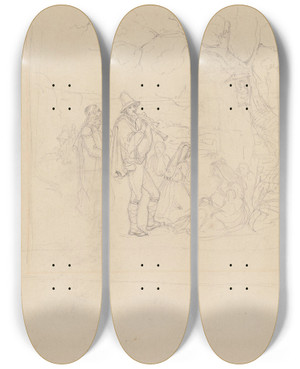 Triptych art skateboard deck of Adolph Tidemand Figurer I Landskap Med Hornblser I Forgrunn by Adolph Tidemand (1814-1876)