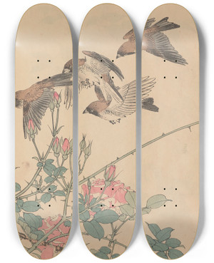 Triptych art skateboard deck of Imao Keinen Keinen Kach Gafu Pl076 by Imao Keinen (1845-1924)