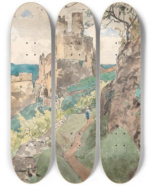 Triptych art skateboard deck of Eduard Zetsche Ruine Senftenberg Krems by Eduard Zetsche (1844-1927)
