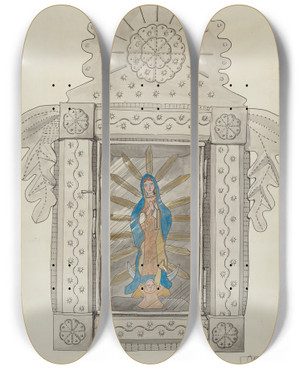 Triptych art skateboard deck of Majel G Claflin Tin Nicho Containing Guadalupe Bulto by Majel G Claflin (1893-1941)