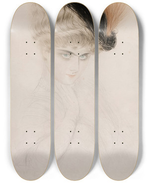 Triptych art skateboard deck of Paul Csar Helleu Portrait De Femme Au Chapeau Plumes_2 by Paul Cesar Helleu (1859-1927)