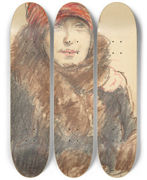 Triptych art skateboard deck of Emil Orlik Woman In Hat And Coat by Emil Orlik (1870-1932)