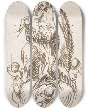 Triptych art skateboard deck of Pedro Duque Y Cornejo Male Saint Standing On Clouds Supported By Putti Holding Infant Christ_2 by Pedro Duque Y Cornejo (1677-1757)