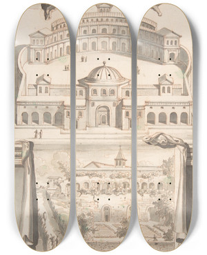 Triptych art skateboard deck of Jan Goeree Reconstruction Of The Thermae Olympiadis Above And View Of The Ruins Below by Jan Goeree (1670-1731)