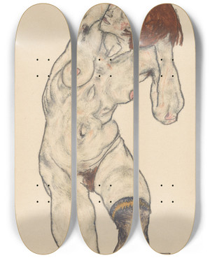 Triptych art skateboard deck of Egon Schiele Nude In Black Stockings by Egon Schiele (1890-1918)