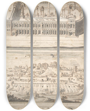 Triptych art skateboard deck of Jan Goeree Reconstruction Of The Circus Maximus Above And A View Of The Site Below by Jan Goeree (1670-1731)
