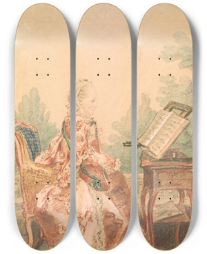 Triptych art skateboard deck of Louis Carrogis Carmontelle Portrait Of A Woman Playing A Lute by Louis Carrogis Carmontelle (1717-1806)