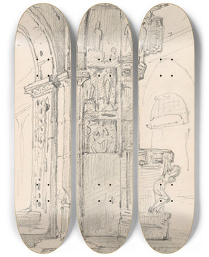 Triptych art skateboard deck of Nicaise De Keyser Interior Of A Church In Arles by Nicaise De Keyser (1813-1887)