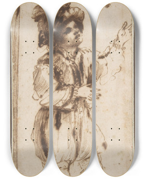 Triptych art skateboard deck of Guercino Boy Chasing A Butterfly by Guercino (1591-1666)