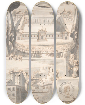 Triptych art skateboard deck of Jan Goeree A Reconstruction Of The Thermae Of Nero Above And A View Of The Ruins Below by Jan Goeree (1670-1731)