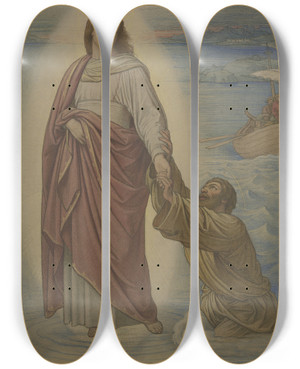 Triptych art skateboard deck of Eduard Von Steinle Christi Rettung Des Sinkenden Petrus by Eduard Von Steinle (1810-1886)