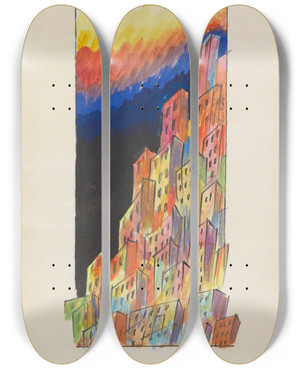 Triptych art skateboard deck of Karl Wiener Bunte Stadt Graz by Karl Wiener (1901-1949)