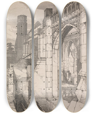 Triptych art skateboard deck of Robert William Billings Ruins Of St Stephens Chapel Seen From The Roof Of Westminster Hall by Robert William Billings (1812-1874)