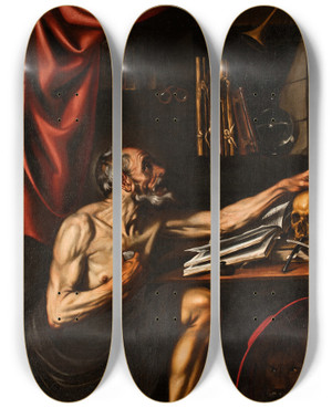 Triptych art skateboard deck of Luis Tristn St Jerome Doing Penance In His Study by Luis Tristan (1585-1624)