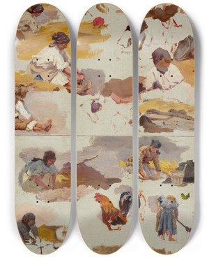 Triptych art skateboard deck of Maria Klasskazanowska Studies Of Peasant Women For The Painting Building A Cottage by Maria Klass-Kazanowska (1857-1898)
