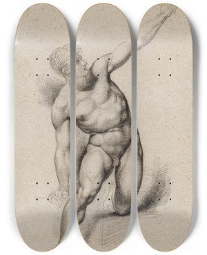 Triptych art skateboard deck of David Humbert De Superville Naakte Knielende Man Met Geheven Arm by David Humbert De Superville (1770-1849)