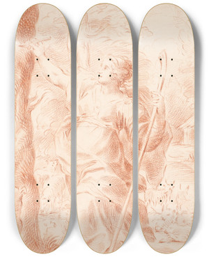 Triptych art skateboard deck of Hendrik Krock Hyrdinde Der Ridser I En Trstamme by Hendrik Krock (1671-1738)