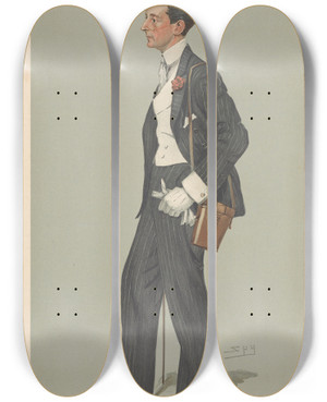 Triptych art skateboard deck of Leslie Matthew Ward Turf Devotees Stanley House The Hon George Lambton March 17 1904 by Leslie Matthew Ward (1851-1922)