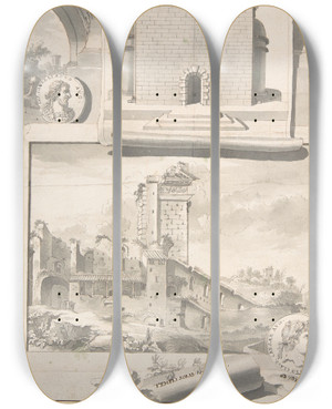 Triptych art skateboard deck of Jan Goeree A Reconstruction Of The Aurelian Temple Of The Sun Above And A View Of The Ruins Below by Jan Goeree (1670-1731)