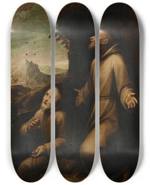 Triptych art skateboard deck of Guglielmo Caccia Saint Francis Receives The Stigmata by Guglielmo Caccia