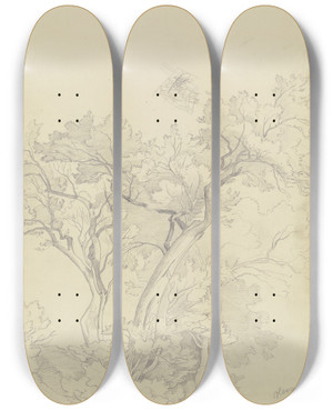 Triptych art skateboard deck of August Lucas Trees Near Olevano by August Lucas (1803-1863)