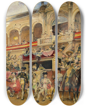 Triptych art skateboard deck of Jos Garca Ramos Inside The Bullring by Jose Garcia Ramos (1852-1912)