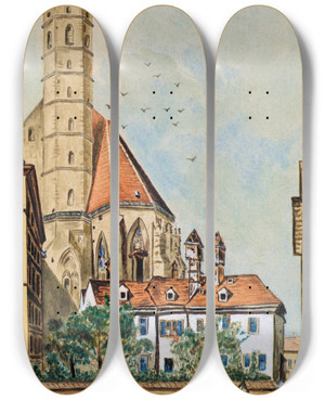 Triptych art skateboard deck of Emil Htter Die Minoritenkirche In Wien by Emil Hutter (1835-1886)