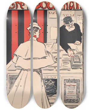 Triptych art skateboard deck of James Montgomery Flagg The Bookman April by James Montgomery Flagg (1877-1960)