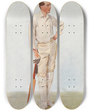 Triptych art skateboard deck of Leslie Matthew Ward Cricket Reggie Reginald Herbert Spooner 18 June 1906 by Leslie Matthew Ward (1851-1922)
