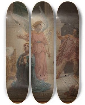 Triptych art skateboard deck of Sbastien Norblin De La Gourdaine Maximien Reculant La Vue De Lange Qui Protge Sainte Suzanne by Sbastien Norblin de la Gourdaine (1796-1884)